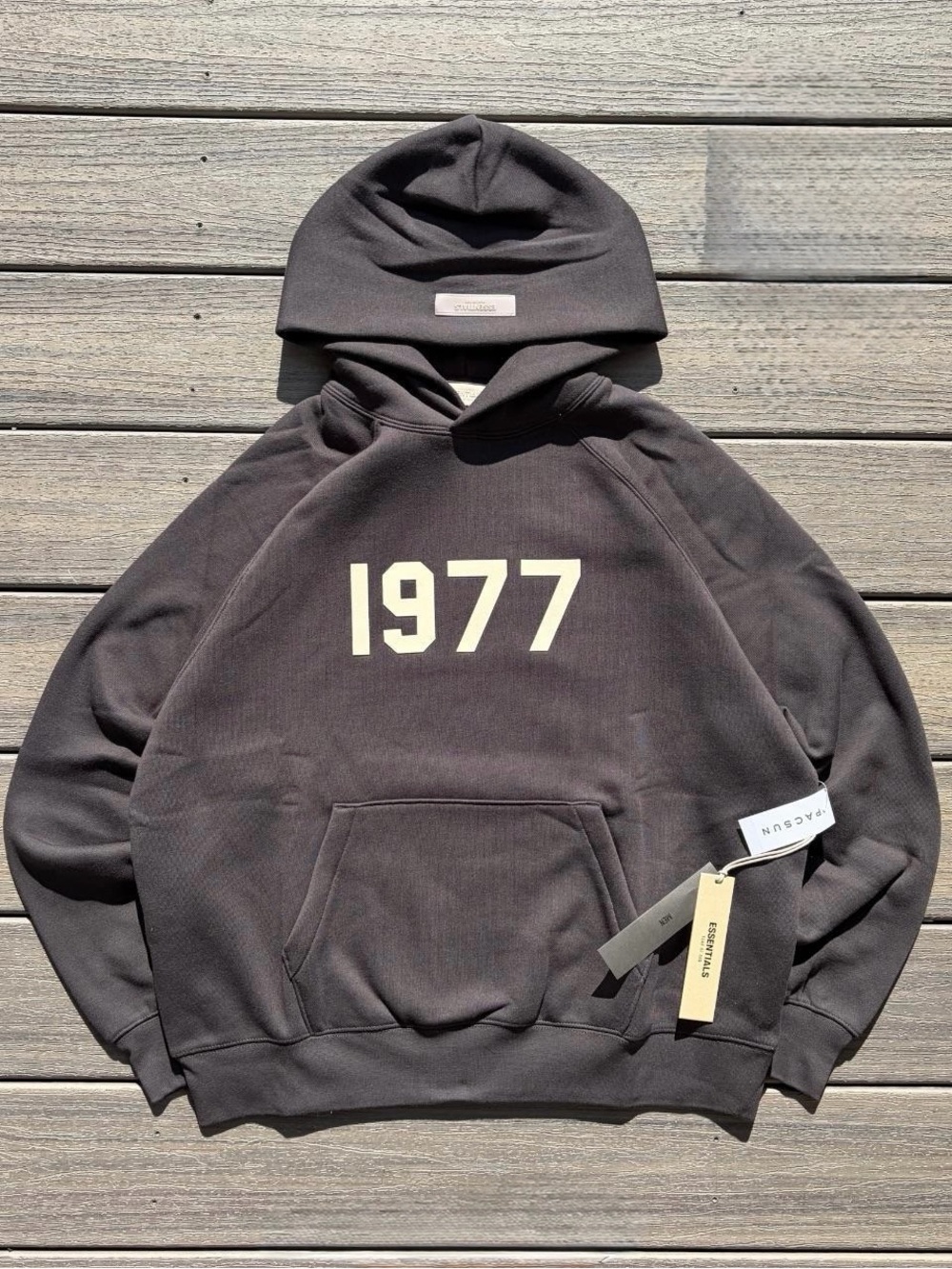 Essentials Hoodie in Charcoal with Cream 1977 Print
